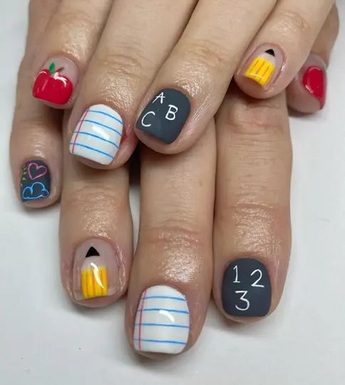 School-Themed Mixed Finish Nails School-Themed Mixed Finish Nails — Teacher Nails 2027