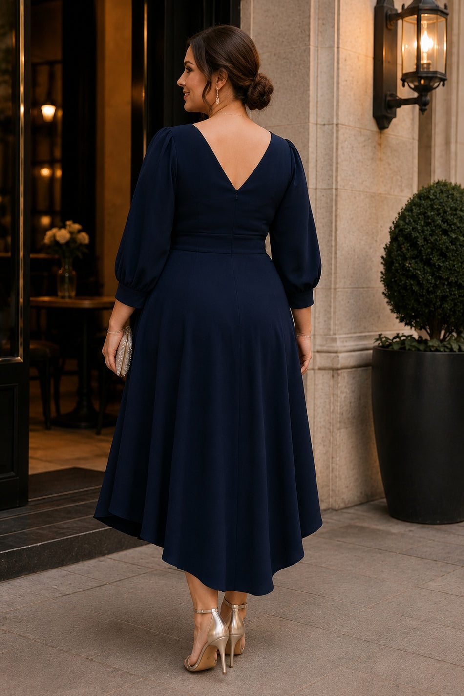 Navy V-Neck Midi Dress with Voluminous Sleeves Navy V-Neck Midi Dress with Voluminous Sleeves — Plus Size Wedding Guest Outfits 2027