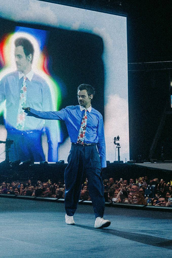Blue Button-Up Shirt and Twill Trousers with Floral Tie — Concert Outfits 2027