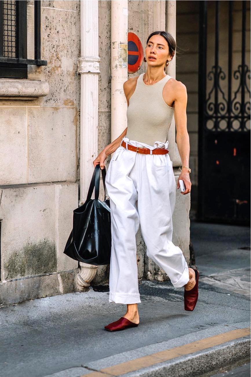 Effortless Beige Tank Paired with Wide-Leg Trousers and Red Accents — Tank Top Outfits 2027