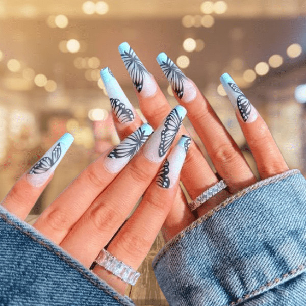 Light Blue French with Butterfly Outlines — Butterfly Airbrush Nails 2027