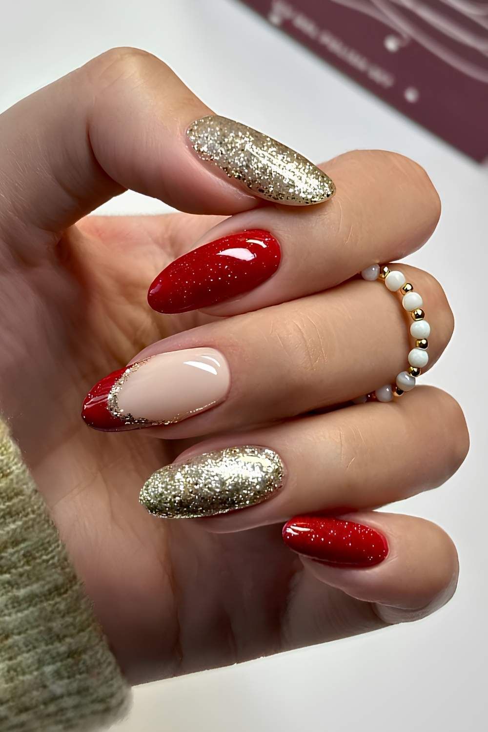 Full Glitter Coverage Gold Glitter and Red Almonds Full Glitter Coverage Gold Glitter and Red Almonds — Sparkly Holiday Nails 2026
