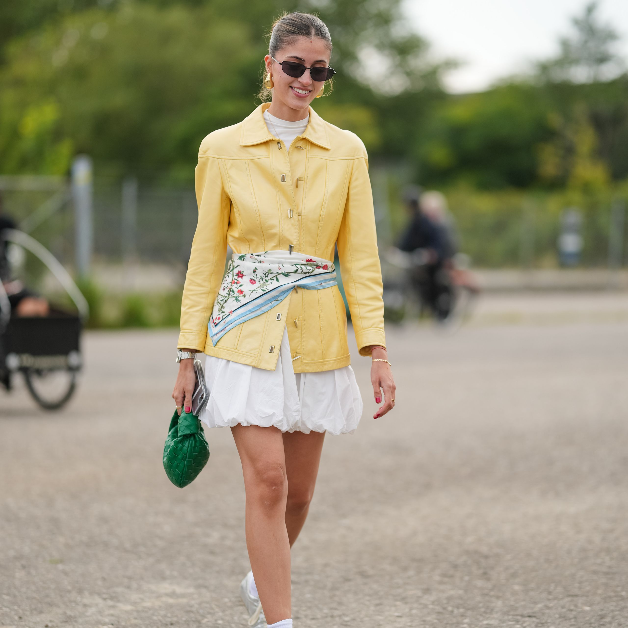 Yellow Leather Jacket and Mini Dress with White Sneakers Yellow Leather Jacket and Mini Dress with White Sneakers — Adidas Samba Spring Outfits 2027