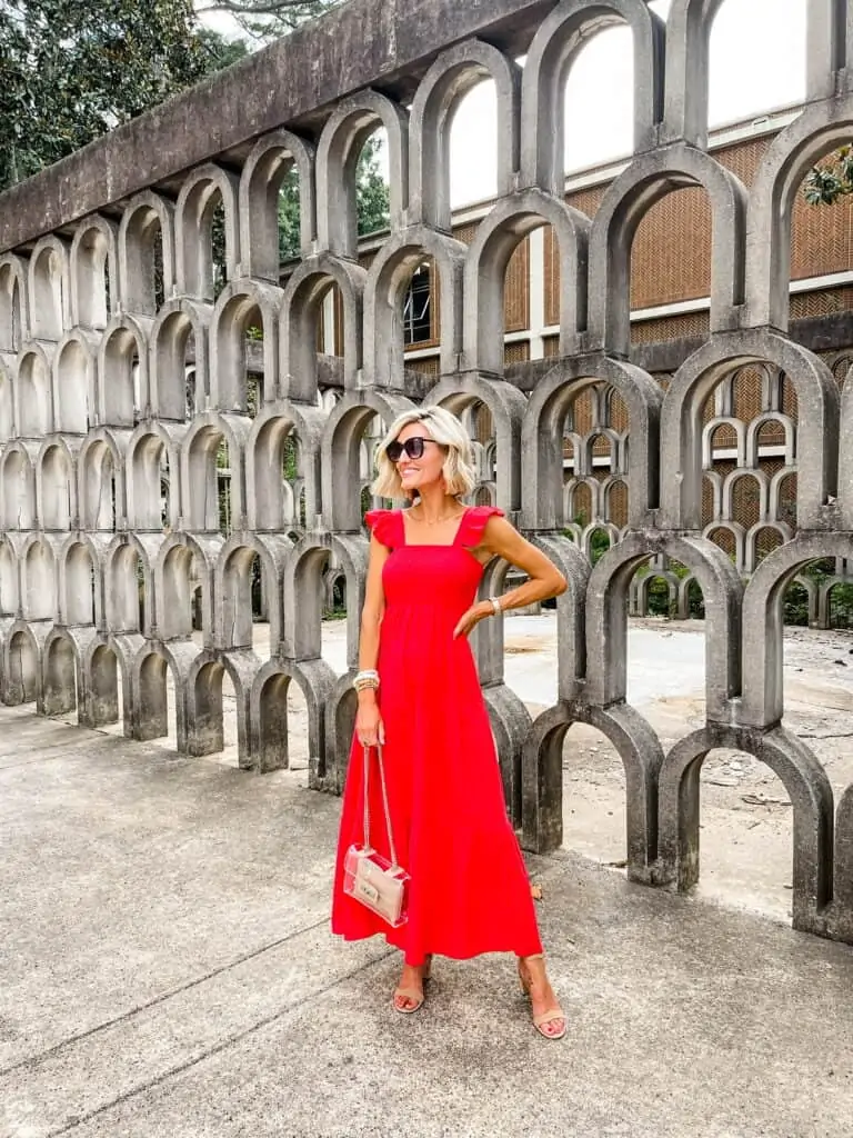 Vibrant Game Day: Red Square-Neck Midi Dress — College Game Day Outfits 2026