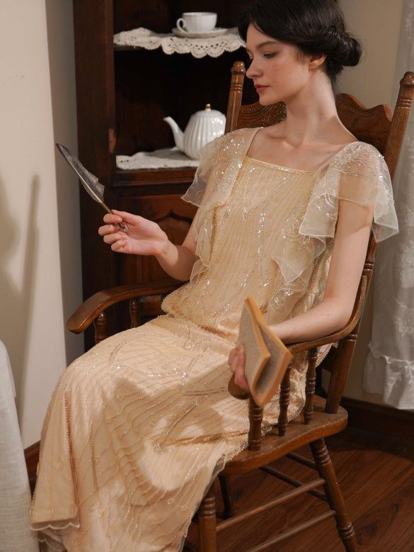 Beige Silk Slip Dress with Lace Trim for Evening Elegance — Fairycore Outfits 2027