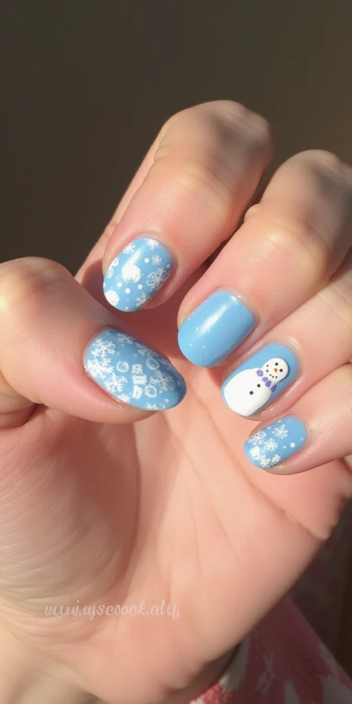 Short Oval Snowman and Snowflake Nails Short Oval Snowman and Snowflake Nails — Blue Christmas Nails 2026