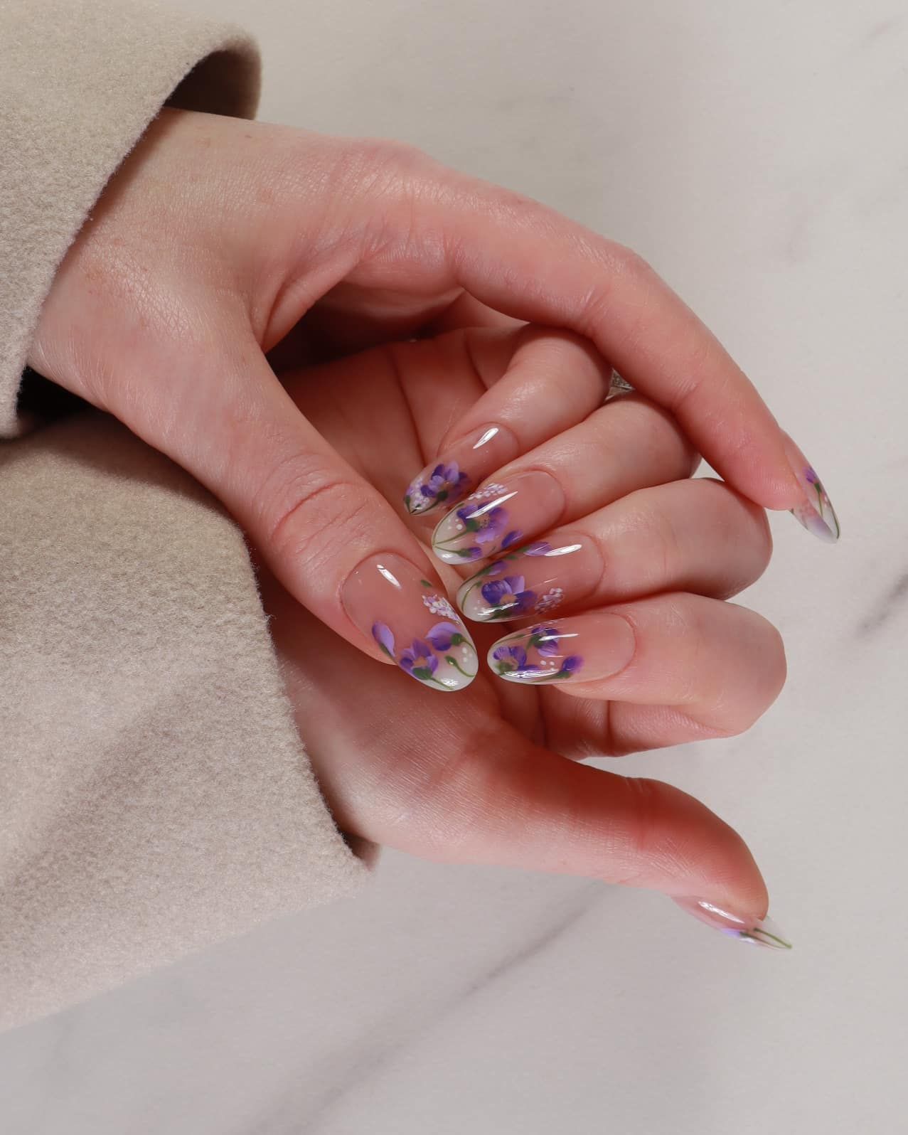 Clear Base Purple Floral Stilettos Clear Base Purple Floral Stilettos — Floral Stiletto Nails 2027