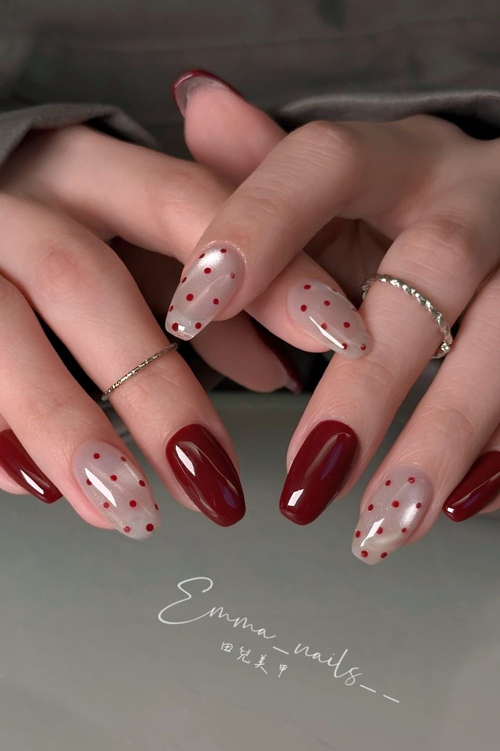 Red Polka Dots on Sheer Nude Medium Ovals Red Polka Dots on Sheer Nude Medium Ovals — Cherry Red Nails 2027
