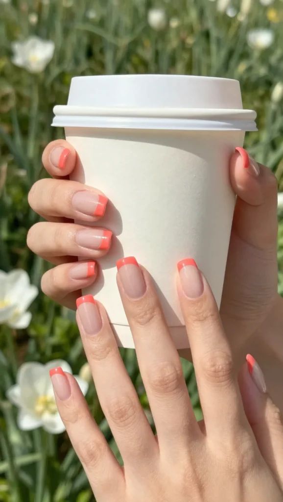 Bright Coral French Tips on Medium Square Nails — Coral French Tip Nails 2027