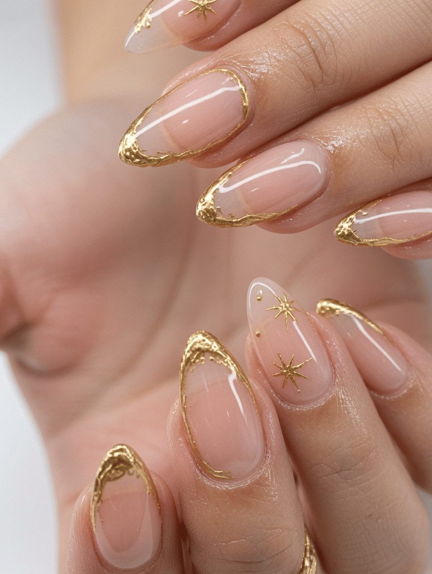 Sheer Pink Base With Gold Tips And Stars Visual Idea — Short Gold French Tip Nails 2027