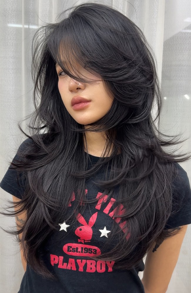 Mid-Back Jet Black With Wispy Bangs Mid-Back Jet Black With Wispy Bangs — Face Framing Layers 2027