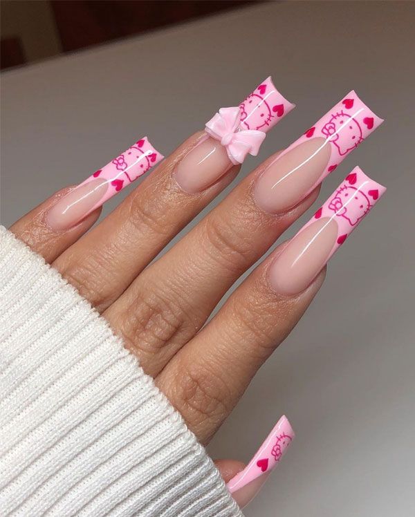 Pink French with Repeating Hello Kitty Motifs Pink French with Repeating Hello Kitty Motifs — French Hello Kitty Nails 2027