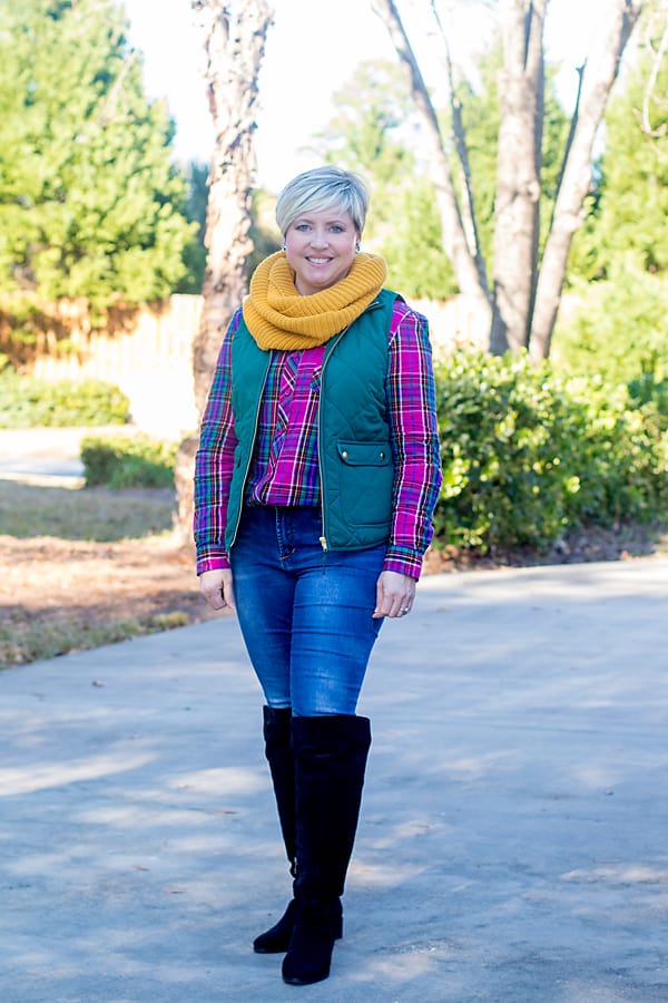 Green Quilted Vest Over Plaid Shirt and Yellow Scarf Green Quilted Vest Over Plaid Shirt and Yellow Scarf — Winter Colorful Outfits 2027
