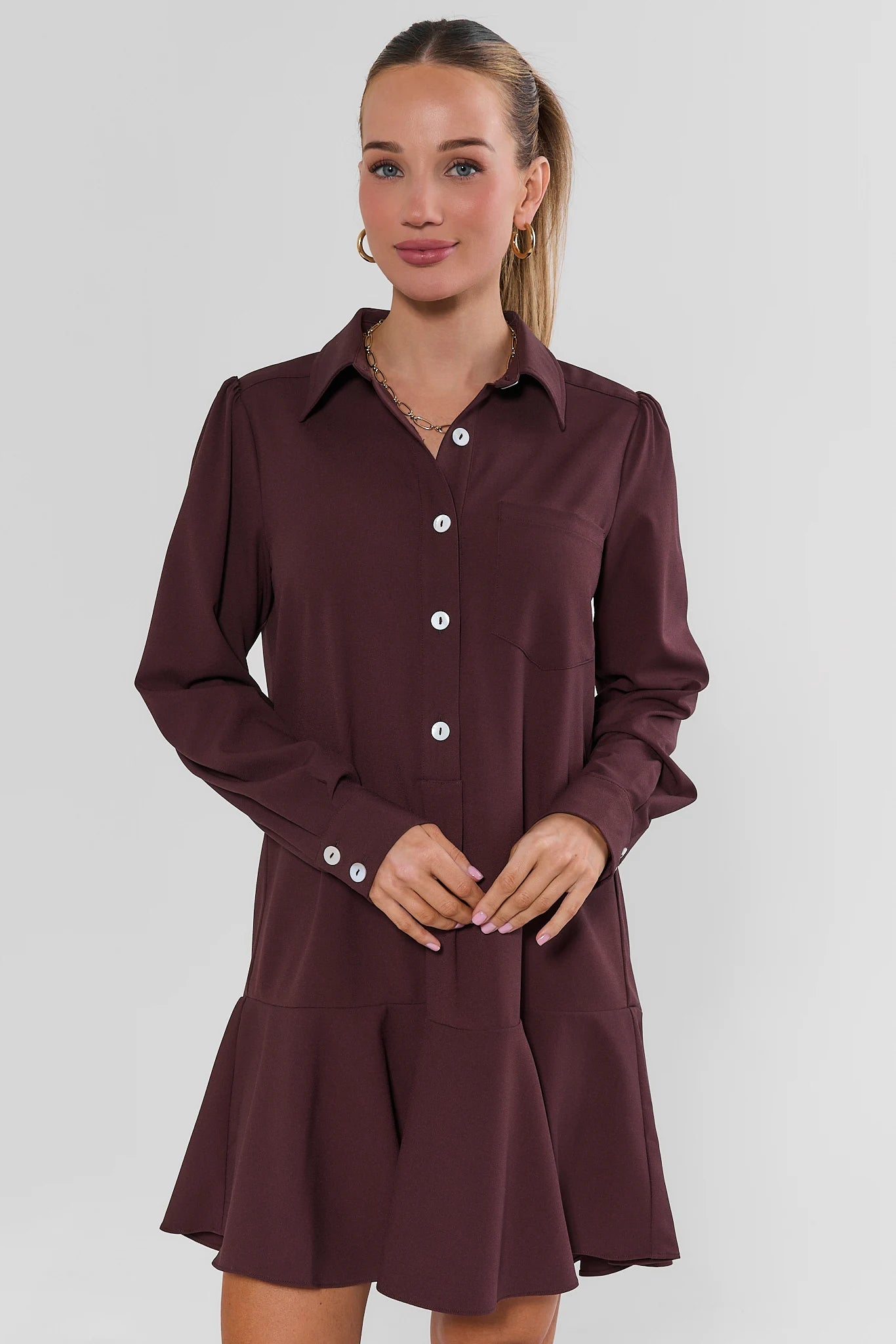 Deep Plum Crepe Button-Up Dress with Flared Hem Deep Plum Crepe Button-Up Dress with Flared Hem — Button Up Dress 2027