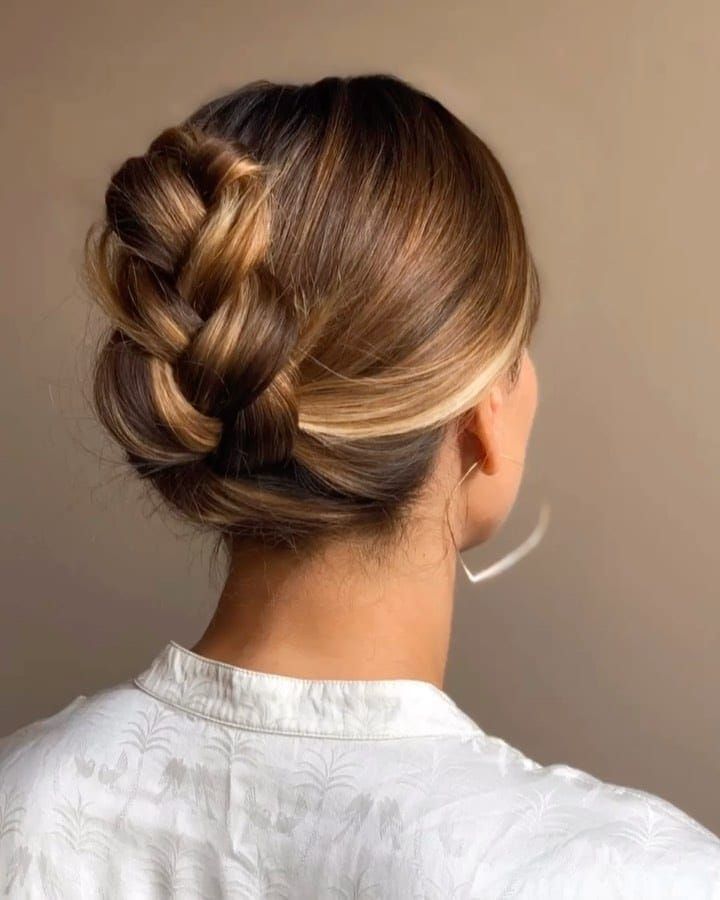 Dark Brown With Subtle Blonde Highlights Chunky Dark Brown Braided Bun Dark Brown With Subtle Blonde Highlights Chunky Dark Brown Braided Bun — Braided Bun 2027