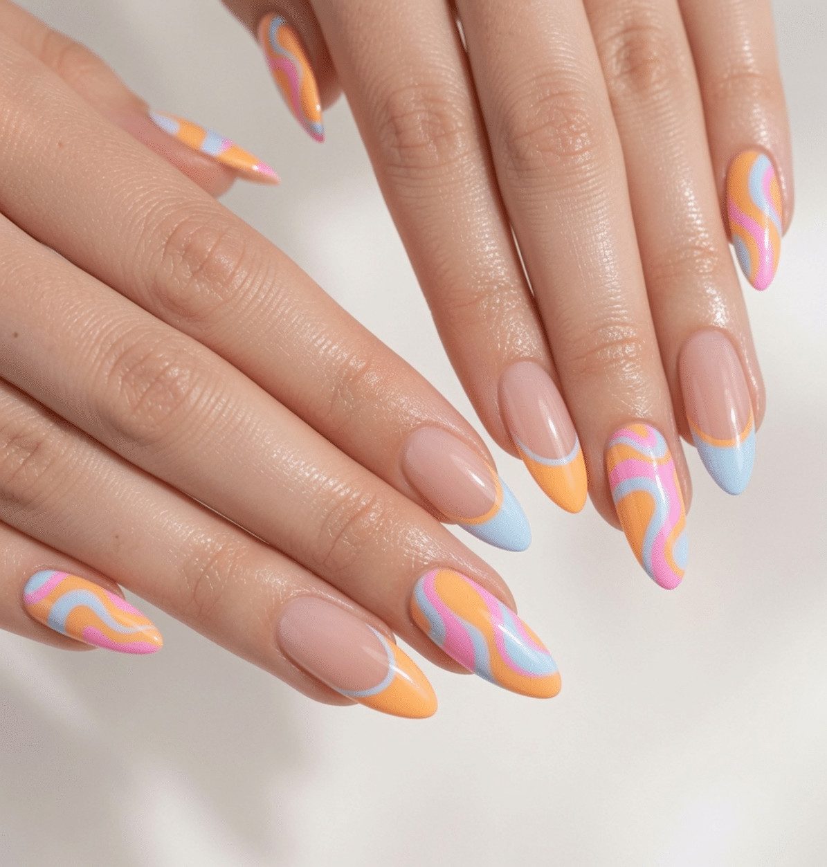 Nude Peach Blue Pink Swirl French Tips Nude Peach Blue Pink Swirl French Tips — Swirl Nails 2027