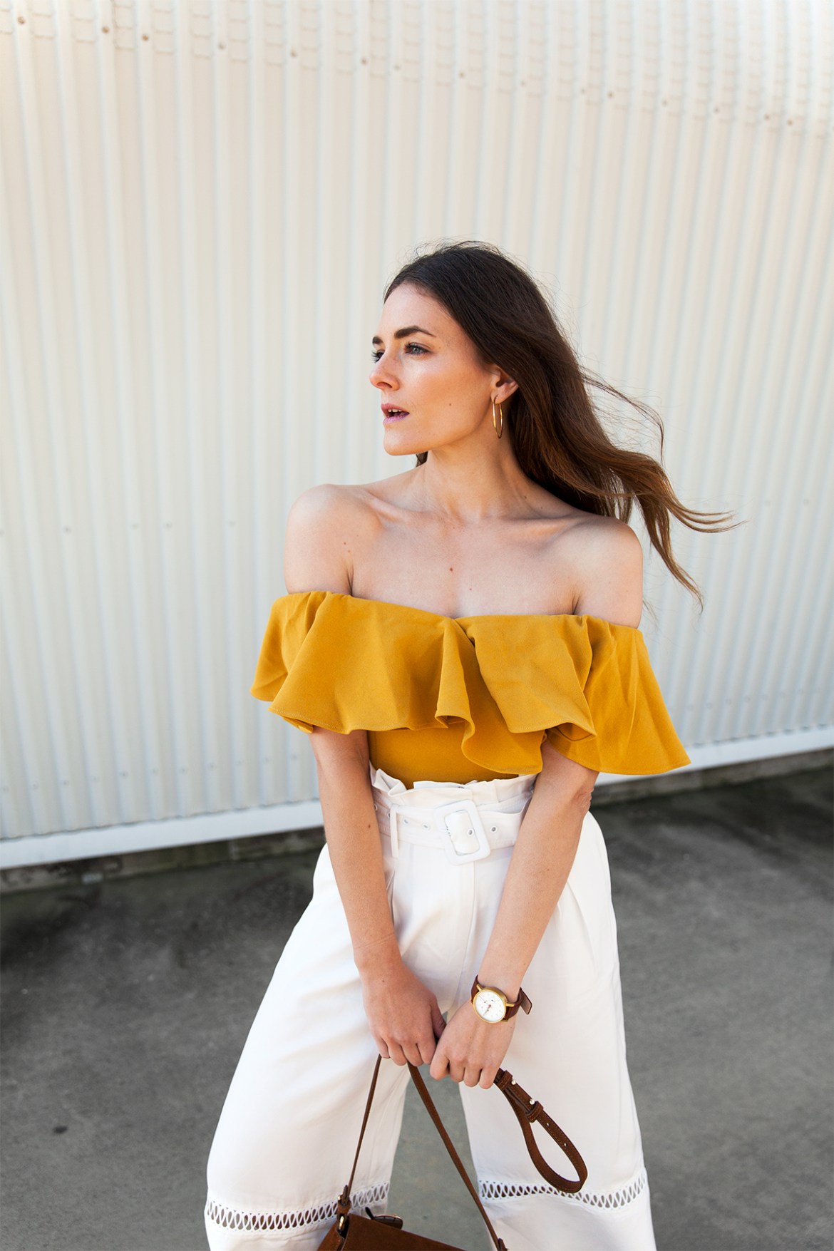 Off-the-Shoulder Mustard Top with White Culottes — Mustard Outfits 2027
