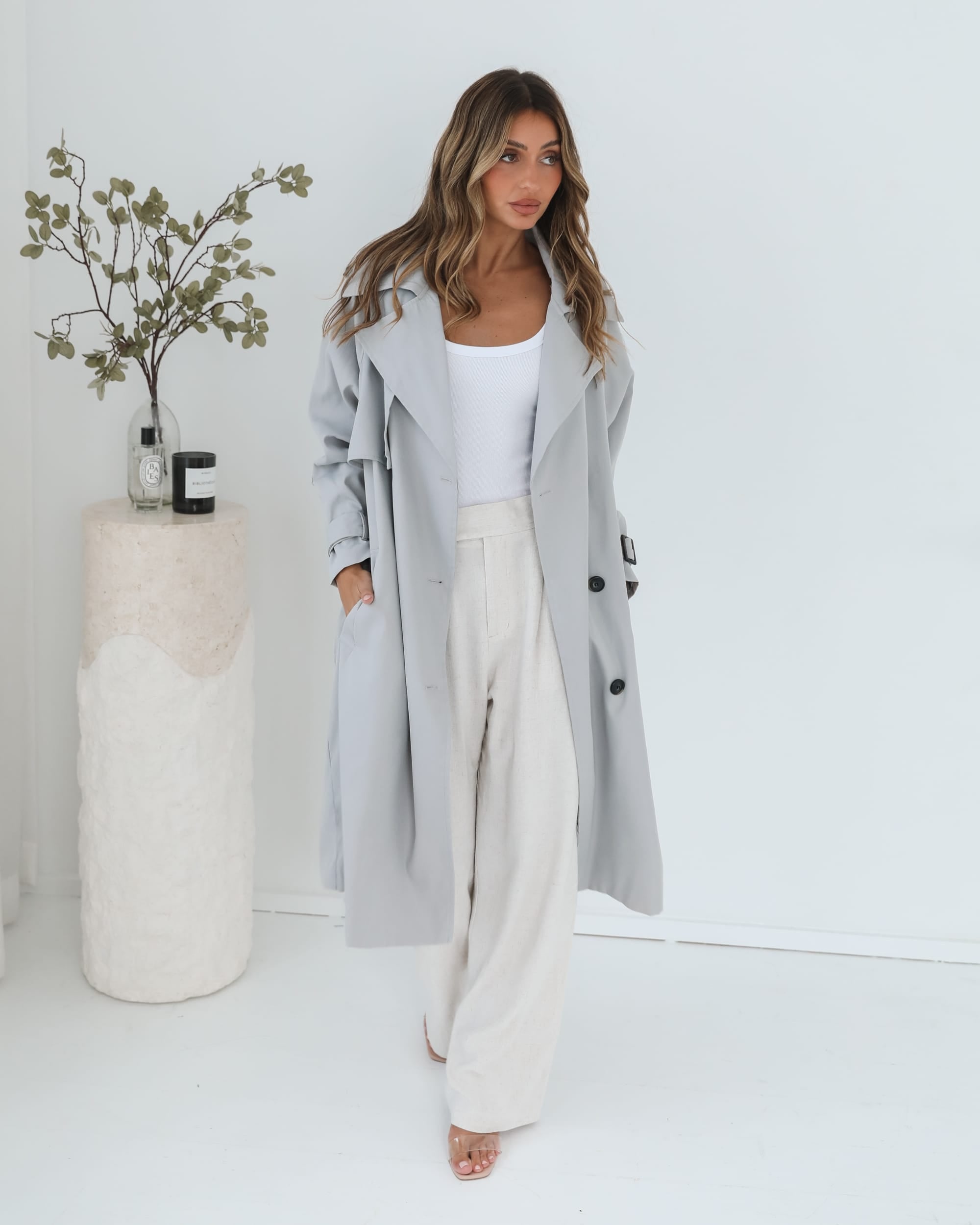 Light Grey Trench Coat with Cream Wide-Leg Pants — Spring Outfits 2027 with Trench Coat