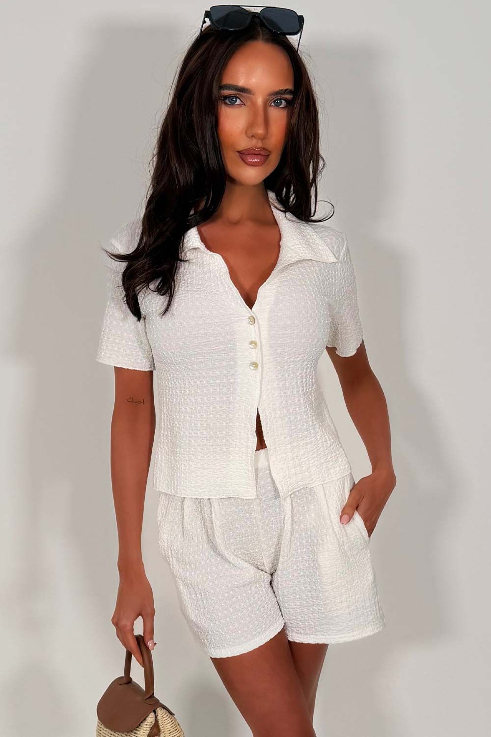 White Textured Collared Top and Shorts for Effortless Summer Style White Textured Collared Top and Shorts for Effortless Summer Style — Summer Two Piece Set Outfits 2027