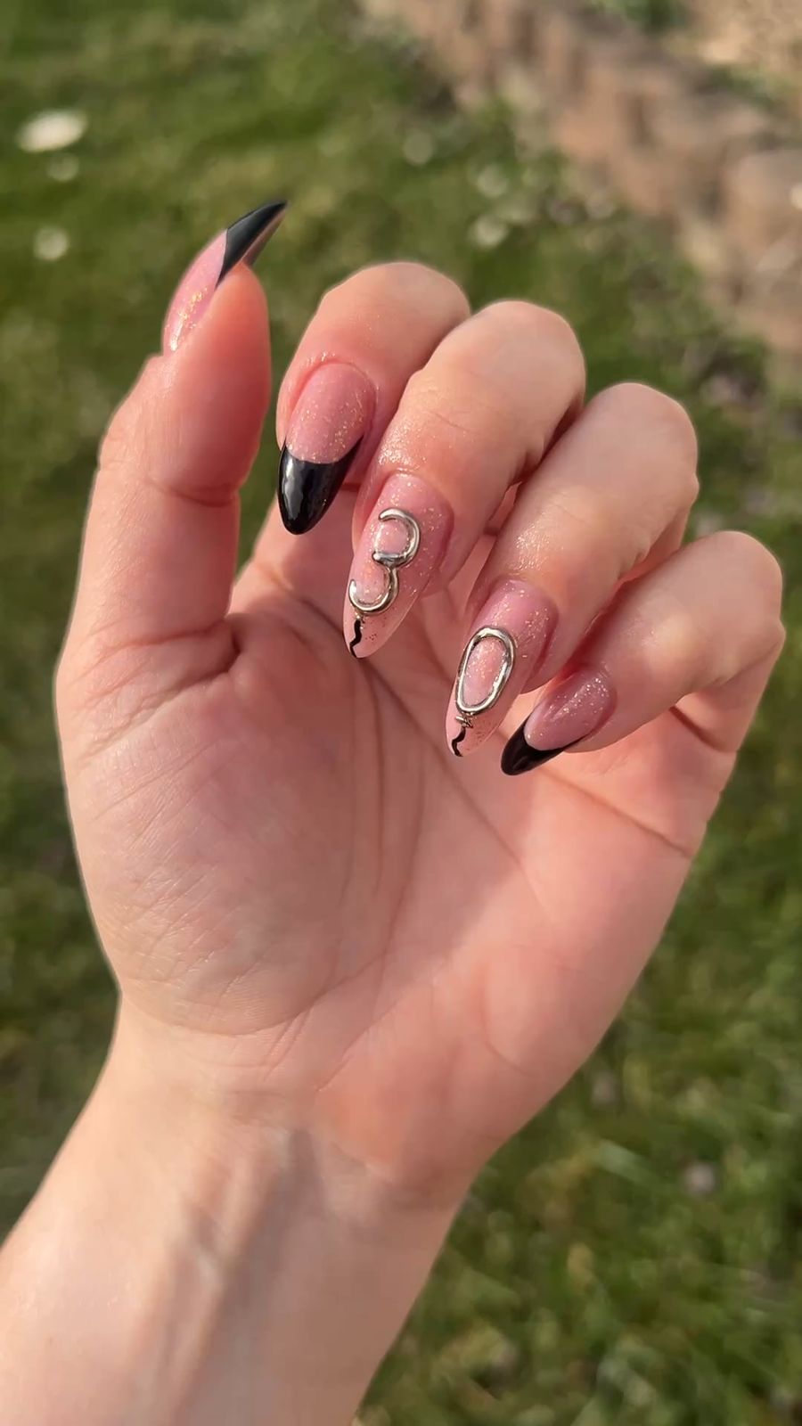 Long Stiletto Sheer Pink with Black French & Wavy Lines — 30th Birthday Nails 2027