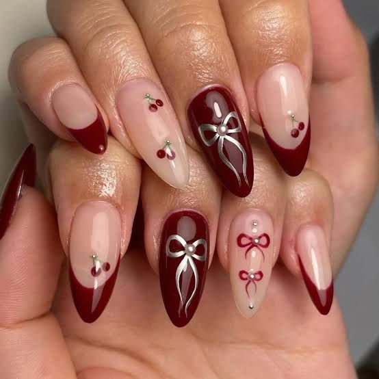 Medium Almond Burgundy French Silver Bows Medium Almond Burgundy French Silver Bows — Simple Bow Nails 2027