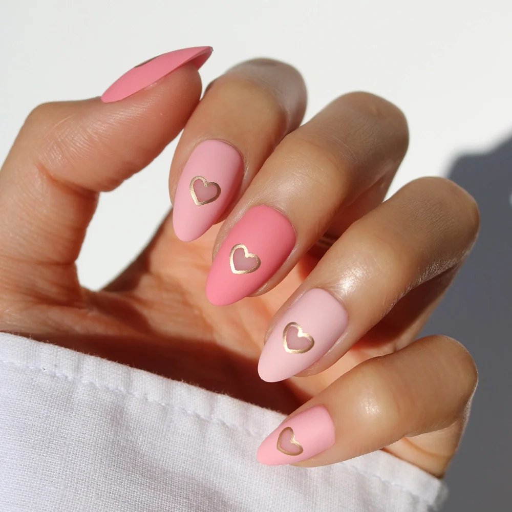 Matte Pink Gold Heart Stiletto Nails Matte Pink Gold Heart Stiletto Nails — Date Night Nails 2027