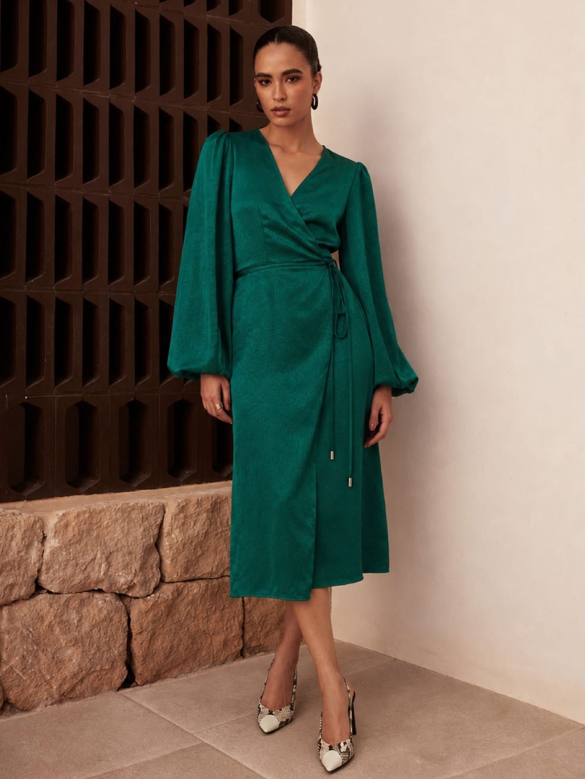 Emerald Green Satin Wrap Midi Dress with Balloon Sleeves Emerald Green Satin Wrap Midi Dress with Balloon Sleeves — Midi Dresses 2027 for Nursing Moms