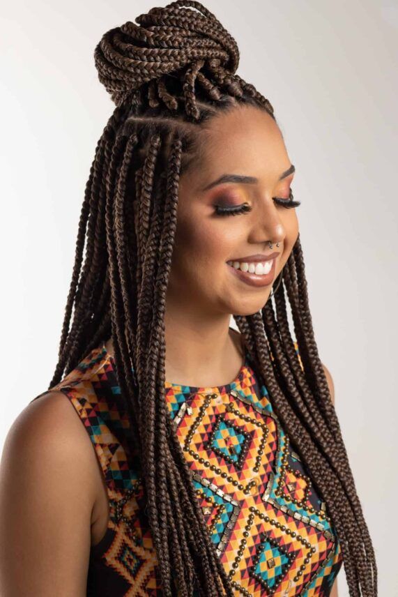 Medium Brown Box Braids in a High Bun — Winter Braid Colors 2027 for Black Women
