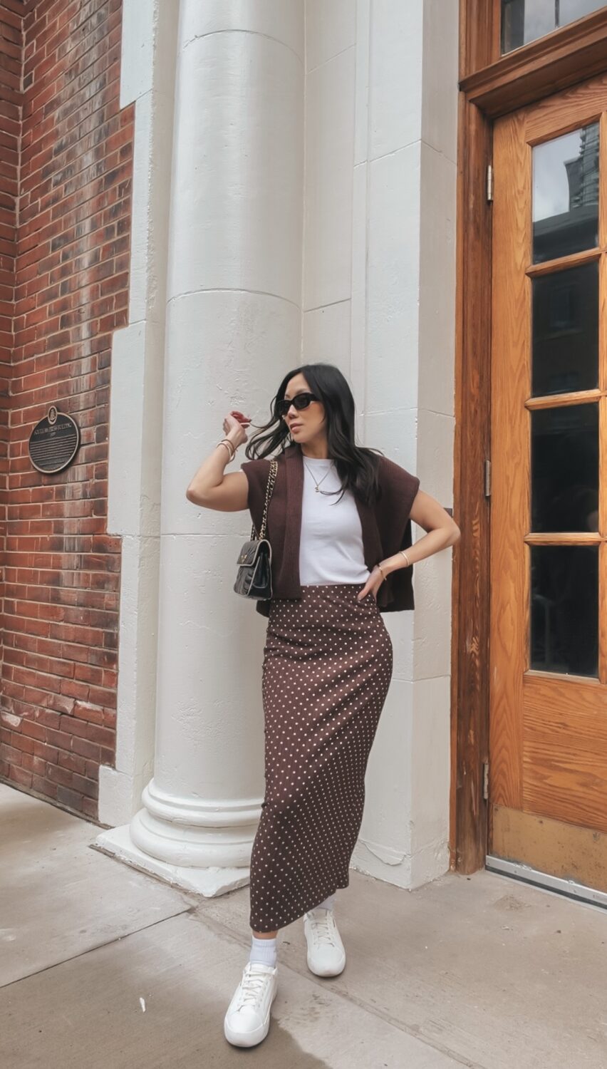 Sleeveless Cardigan and Polka Dot Skirt for a Casual Vibe Sleeveless Cardigan and Polka Dot Skirt for a Casual Vibe — Brown Outfits 2027
