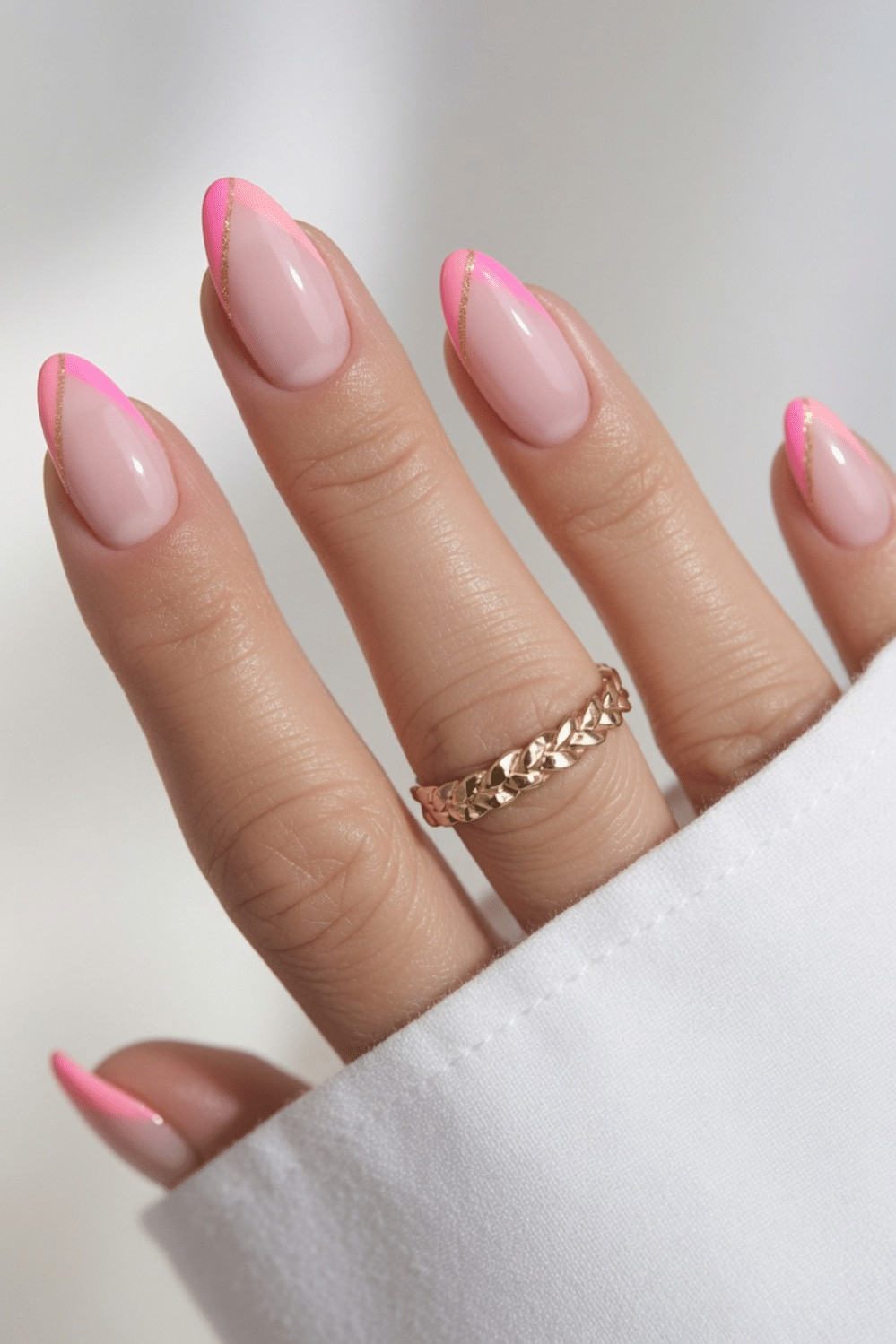 Vibrant Pink Gold Line Almond French Vibrant Pink Gold Line Almond French — Long Almond Pink Nails Ideas 2027