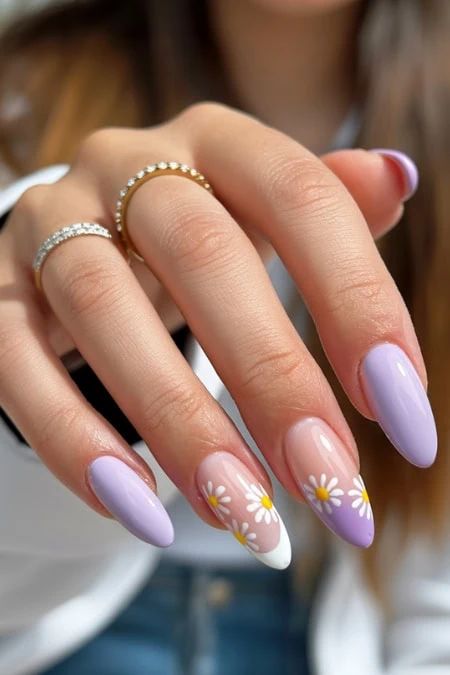 Lavender French Tips With Daisy Motifs Visual Idea — Lavender Nails 2027