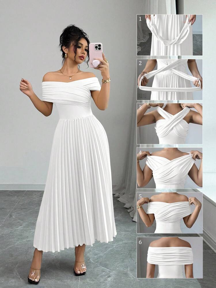 White Off-Shoulder Wrap Dress with Pleated Skirt — Wrap Dresses 2027
