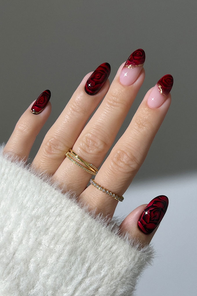Deep Red With 3D Silver Hearts Deep Red With 3D Silver Hearts — Red Valentines Nails 2027
