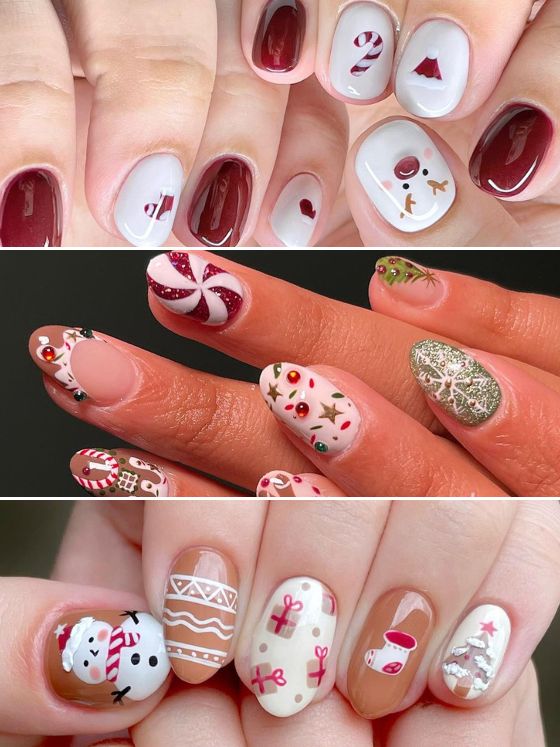 Burgundy Solid with Detailed Christmas Motifs — Short Christmas Nails 2026
