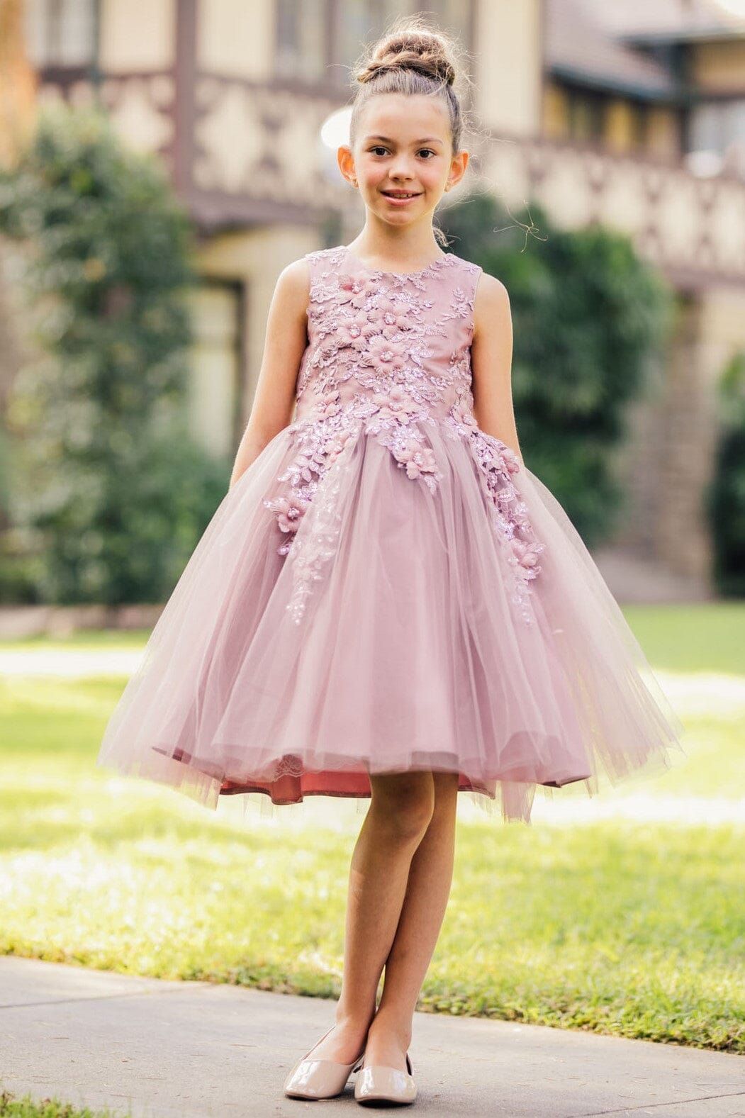 Pink Sleeveless Ballgown with Floral Applique and Tulle Skirt Pink Sleeveless Ballgown with Floral Applique and Tulle Skirt — Junior Bridesmaid Dress 2027