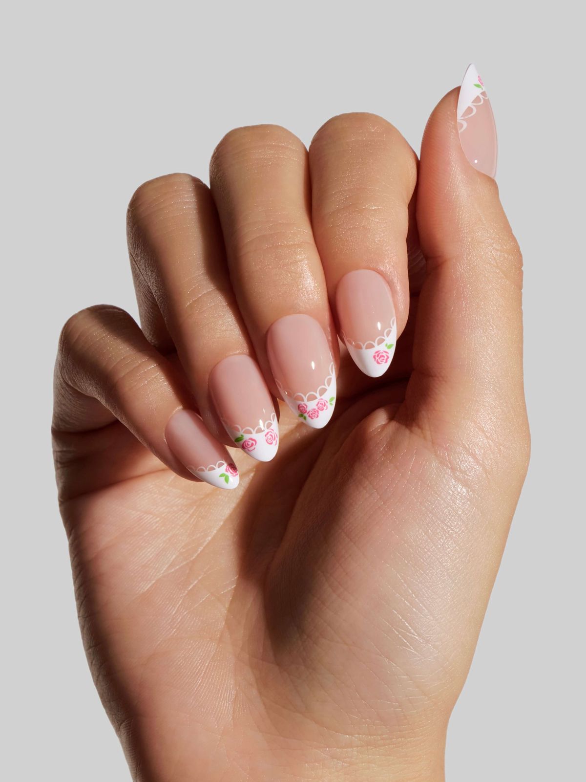 3D Rose and Lace French Almonds — Rose Nails 2027