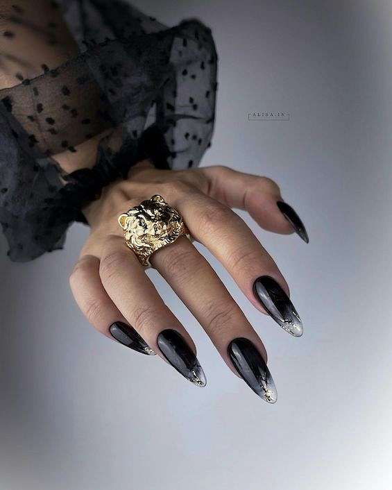 Gradient Black to Nude Stilettos with Gold Foil Gradient Black to Nude Stilettos with Gold Foil — Nails 2027 for Black Dress