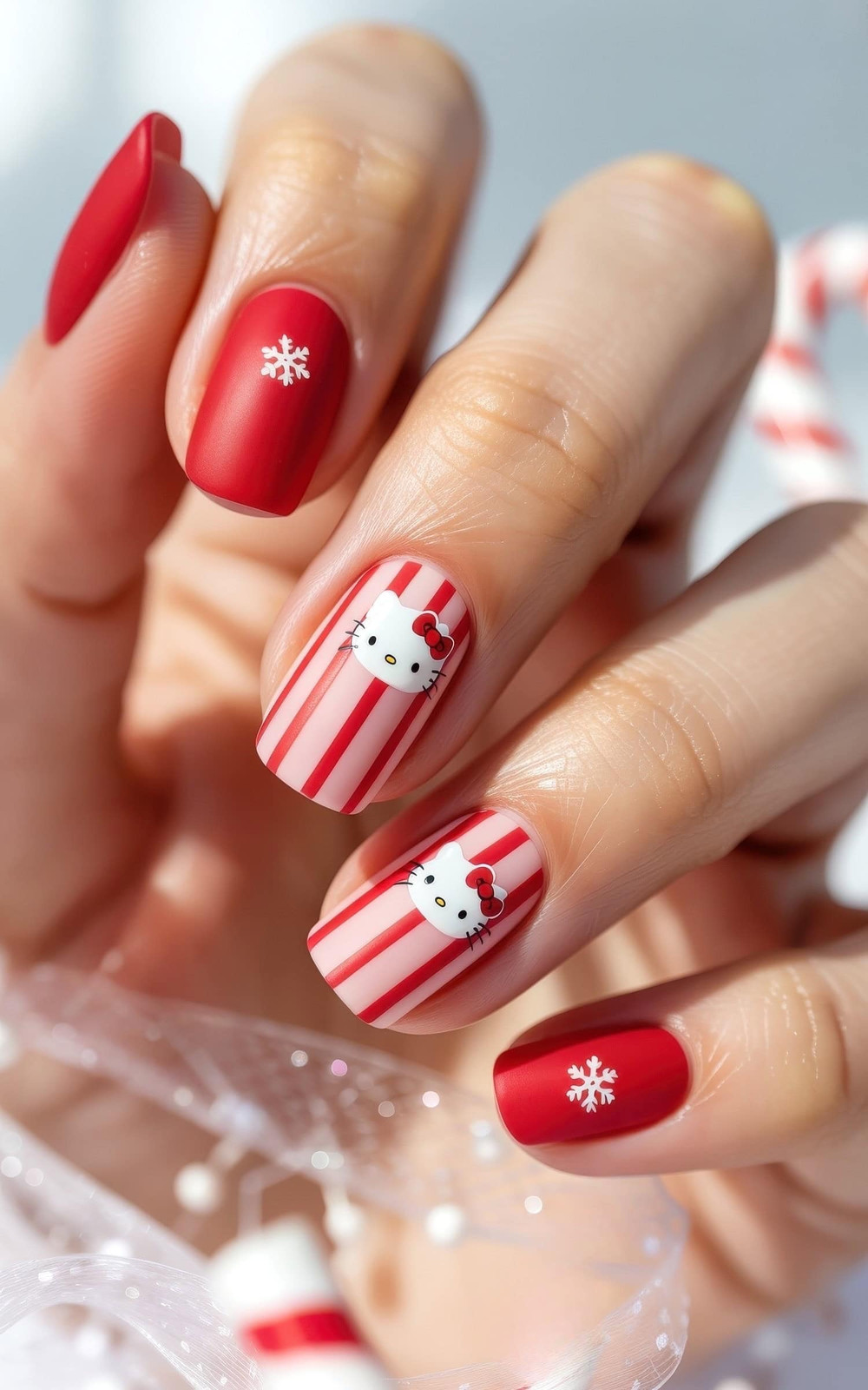 Matte Red Hello Kitty Snowflake Nails — Red Hello Kitty Nails 2027