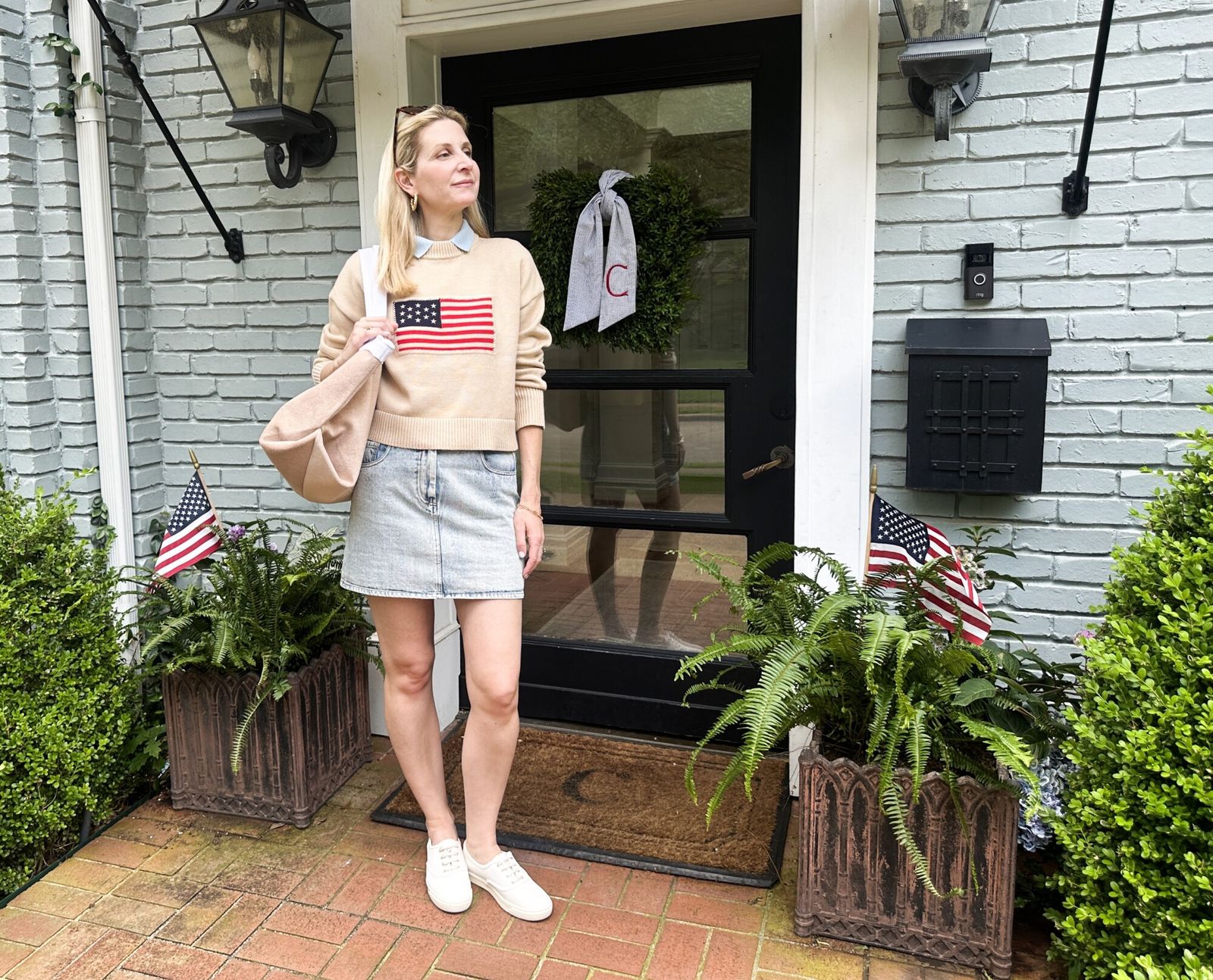 American Flag Sweater over Collared Shirt with Denim Skirt American Flag Sweater over Collared Shirt with Denim Skirt — Classic Americana Outfits 2027