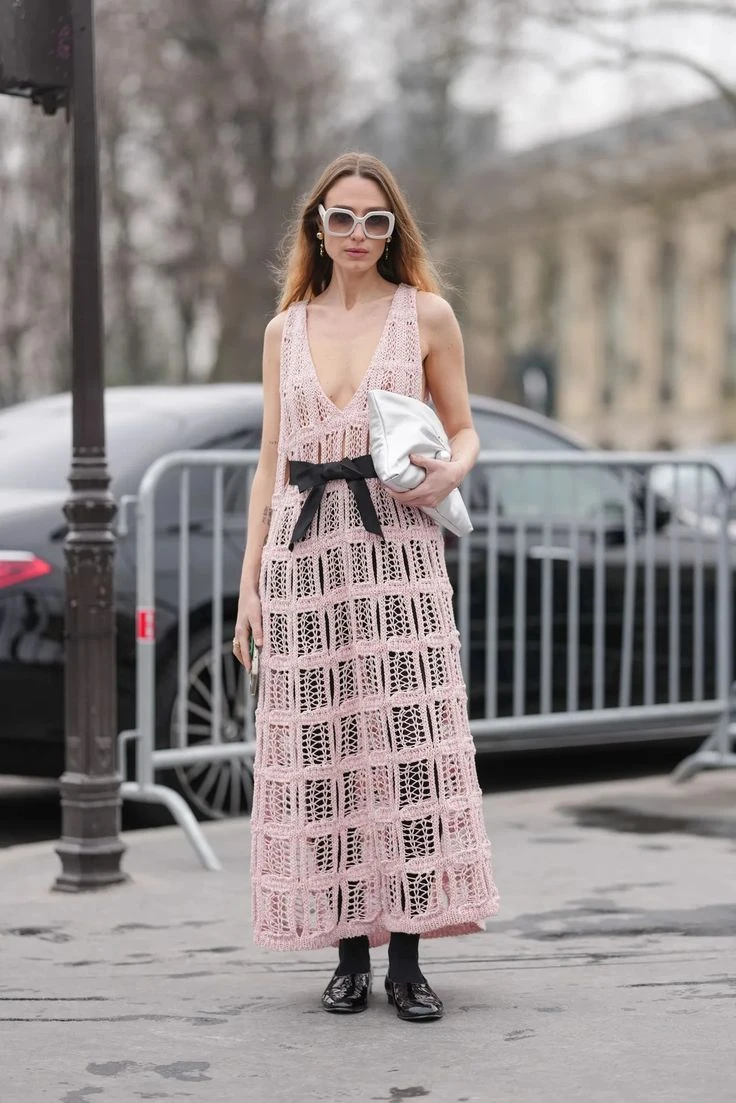 Pale Pink Crochet Maxi Dress Layered Over Black Pale Pink Crochet Maxi Dress Layered Over Black — Scandinavian Outfits 2027