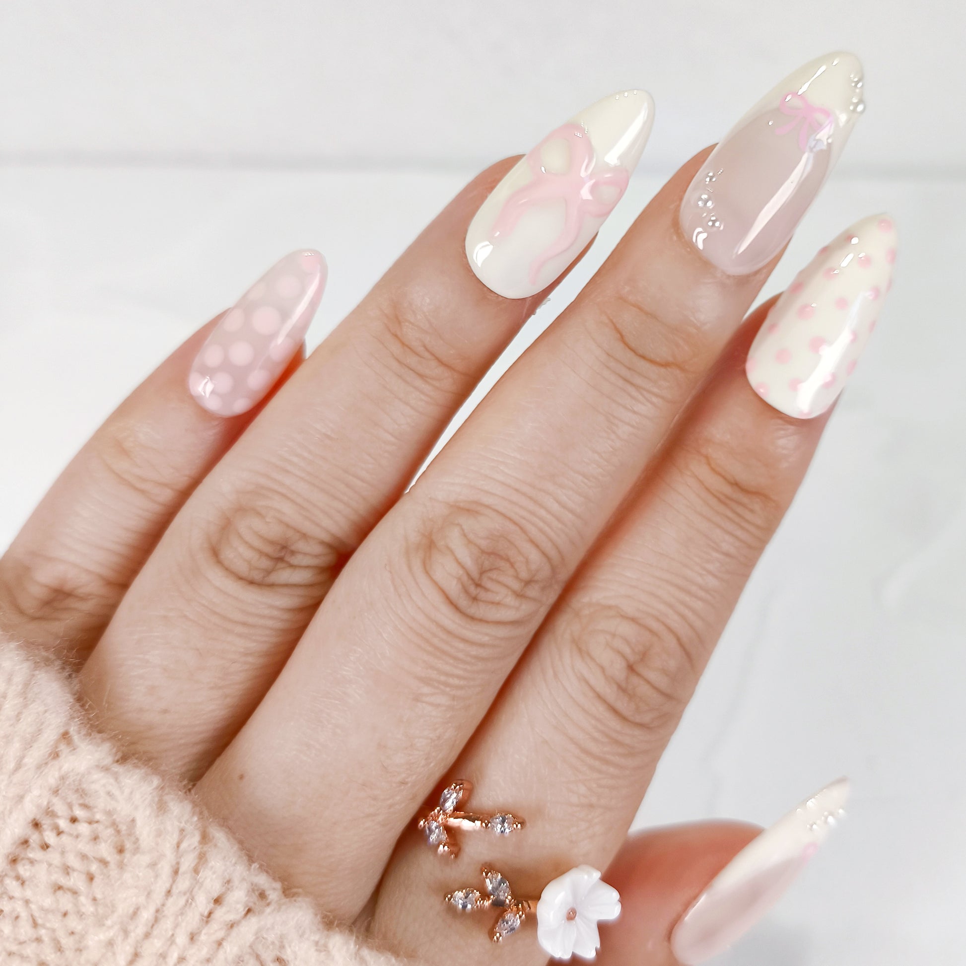 Medium Almond Polka Dots & Pink Bows — Pink Bow Nails 2027