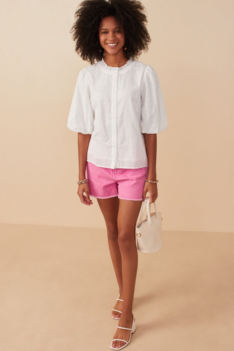 White Textured Puff Sleeve Blouse with Pink Denim Shorts White Textured Puff Sleeve Blouse with Pink Denim Shorts — Puff Sleeve Blouse Outfits 2027