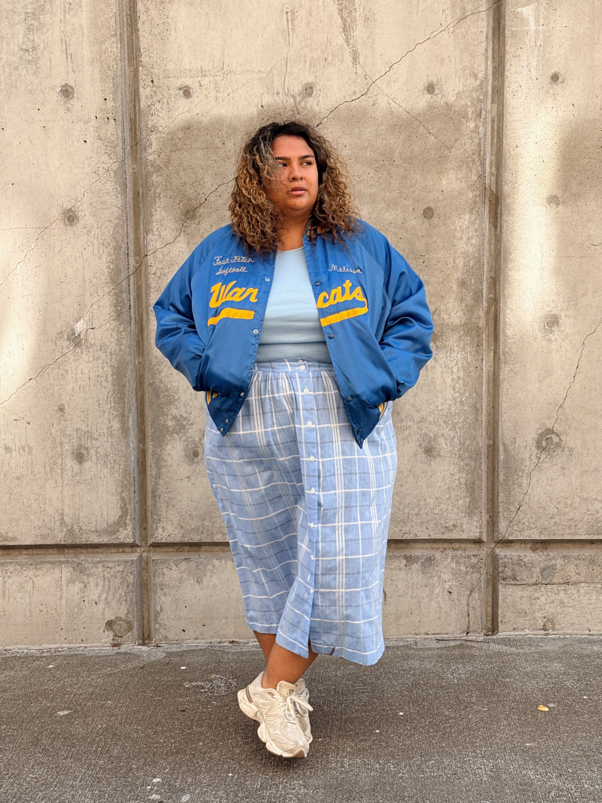 Satin Bomber Jacket with Plaid Midi Skirt Satin Bomber Jacket with Plaid Midi Skirt — Softball Outfits for Women 2027