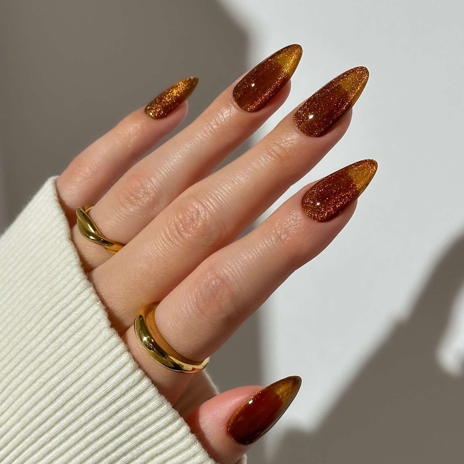Brown to Gold Glitter Gradient Almonds — Nails 2027 for Gold Dress
