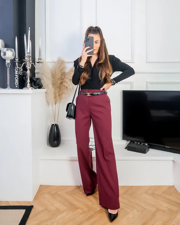Smart Casual Burgundy Wide-Leg Trousers with Black Blouse — Burgundy Outfits 2027