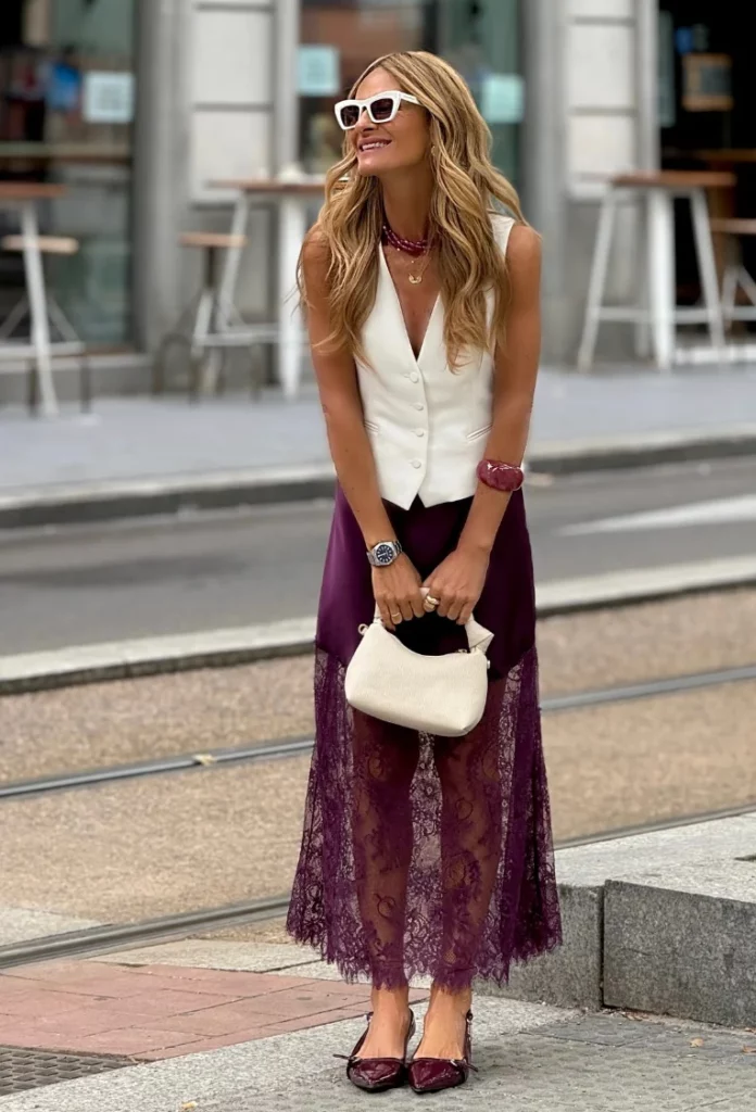 Sophisticated Charm: Purple Lace Skirt with White Vest — Lace Skirt Outfits 2027