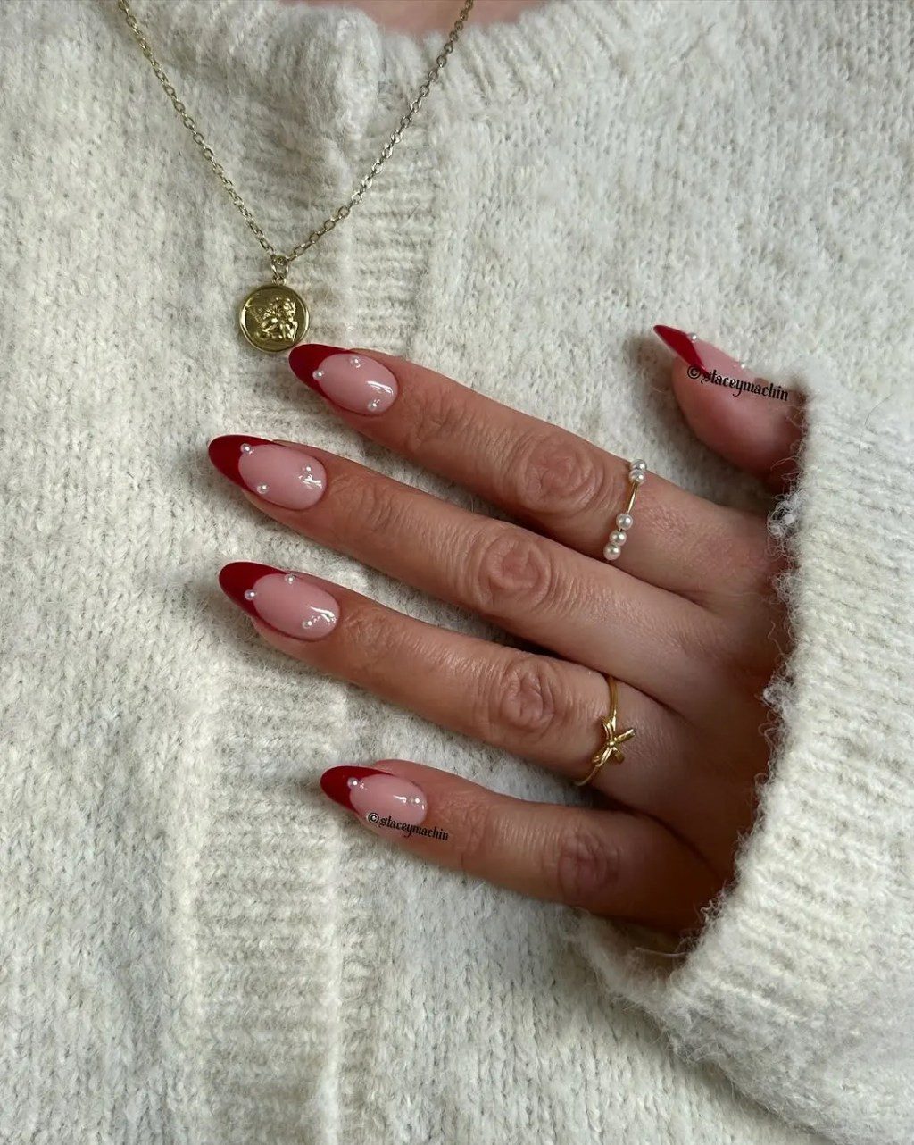 Red French Tip Pearl Accent Medium Oval Nails Red French Tip Pearl Accent Medium Oval Nails — Dark Red Nails 2027