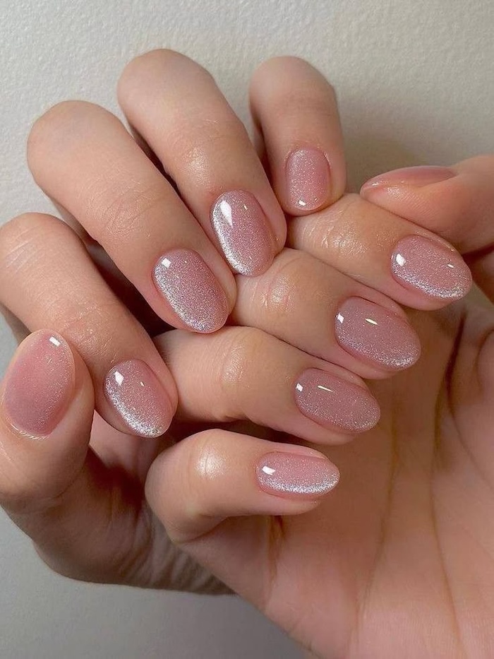 Short Oval Pale Pink Shimmer — Sparkly Prom Nails 2027