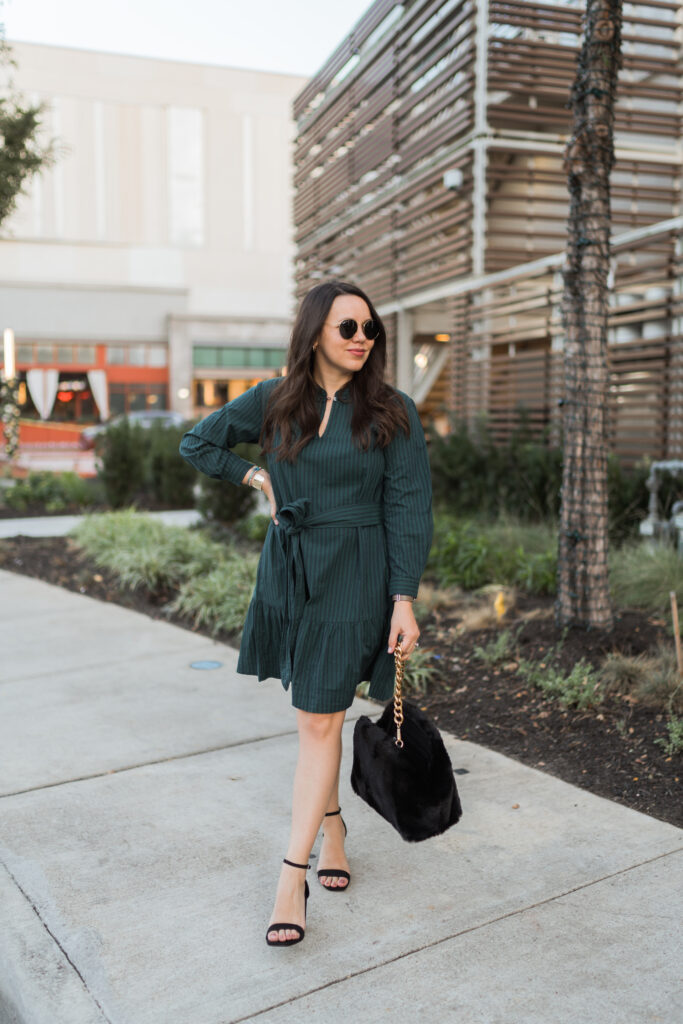 Pinstripe Fit-and-Flare Dress with Velvet Blazer for Holiday Parties Pinstripe Fit-and-Flare Dress with Velvet Blazer for Holiday Parties — Holiday Outfits 2026