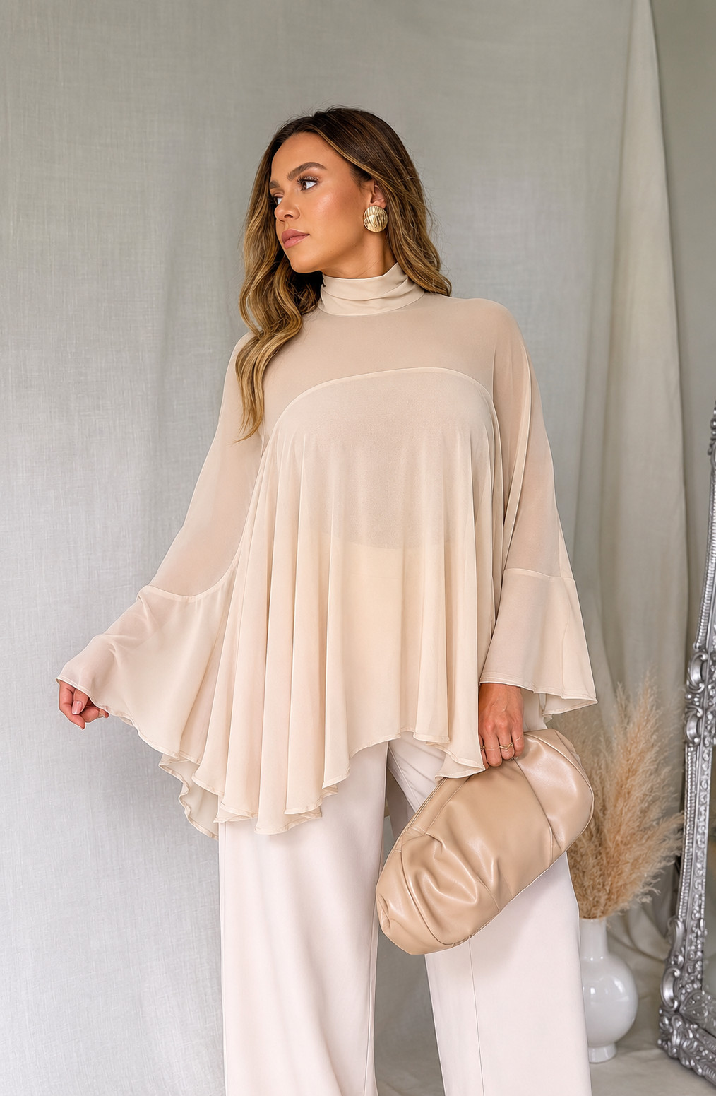 Beige Asymmetrical Chiffon Blouse with Wide-Leg Trousers Beige Asymmetrical Chiffon Blouse with Wide-Leg Trousers — Chiffon Blouse Outfits 2027